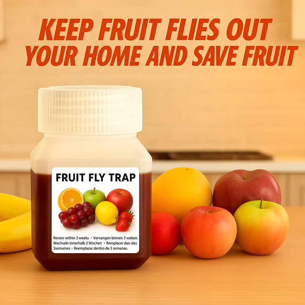 Bottle of fruit fly bait liquid with specification options for indoor pest control