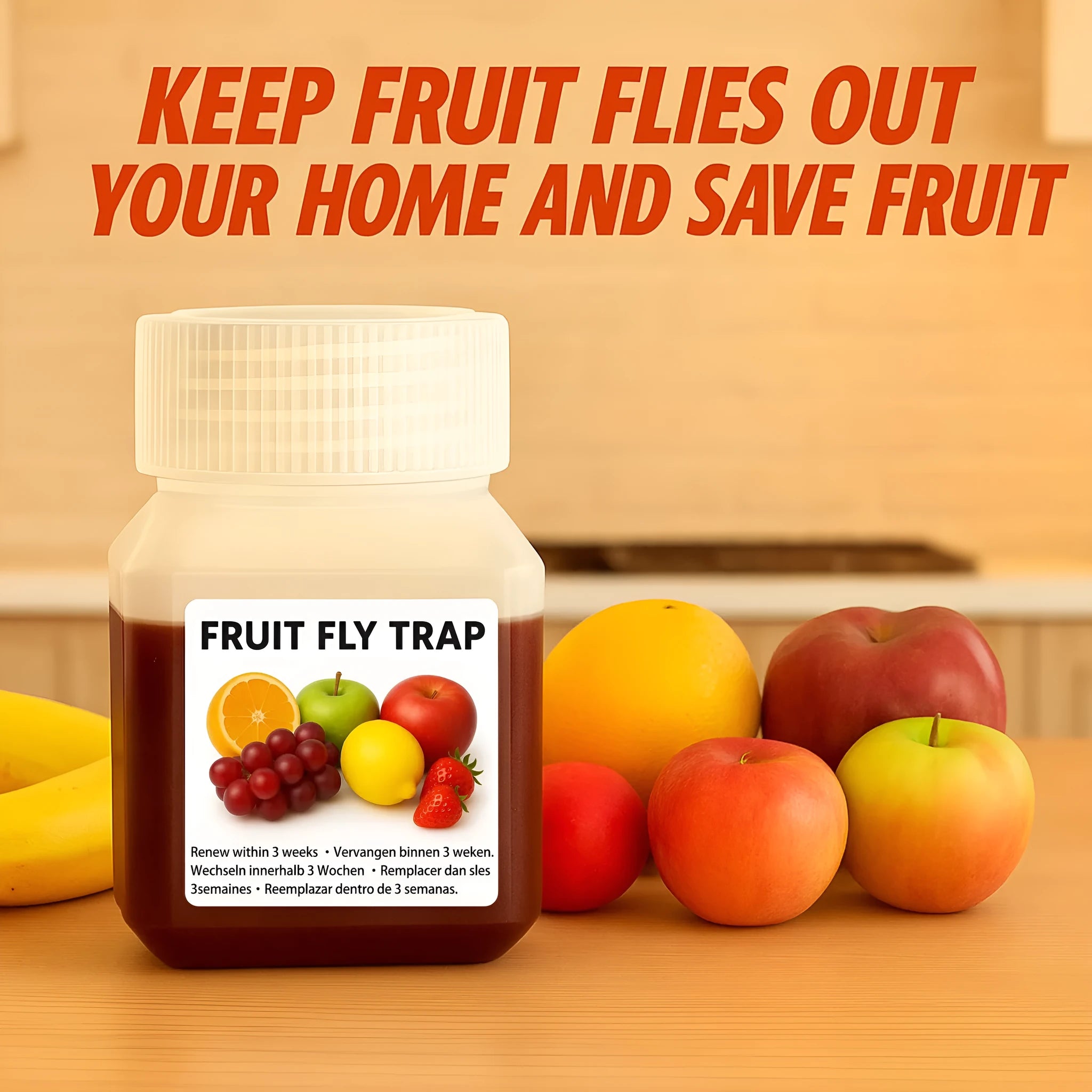 Bottle of fruit fly bait liquid with specification options for indoor pest control