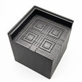Four black circular plastic bed foot mats for furniture levelling and floor protection