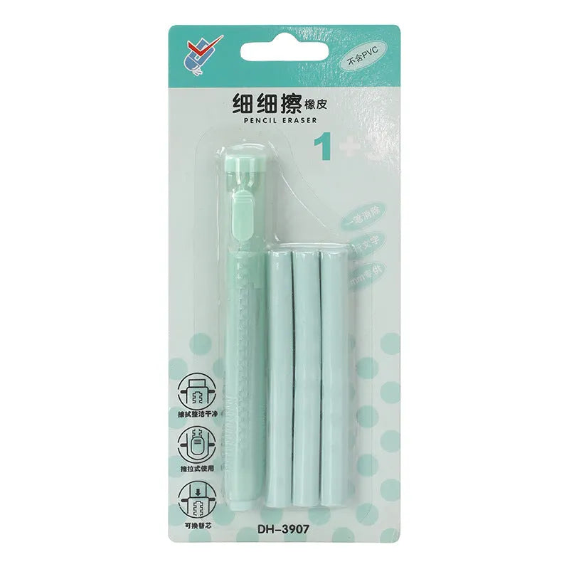 Push type automatic eraser for children in blue, green, pink and purple colours measuring 12x8cm