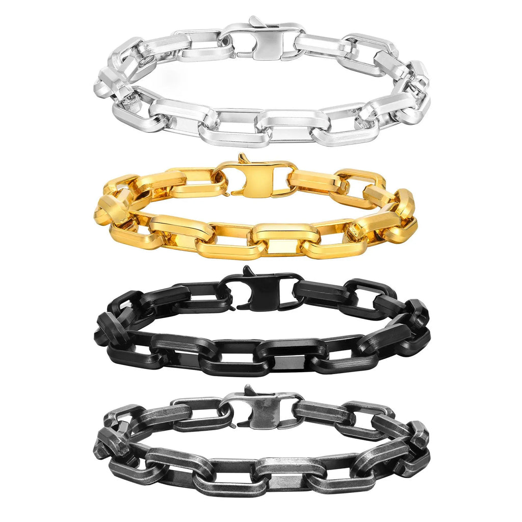 Men's titanium steel square chain bracelet in steel, gold, black, or retro electroplated finishes.