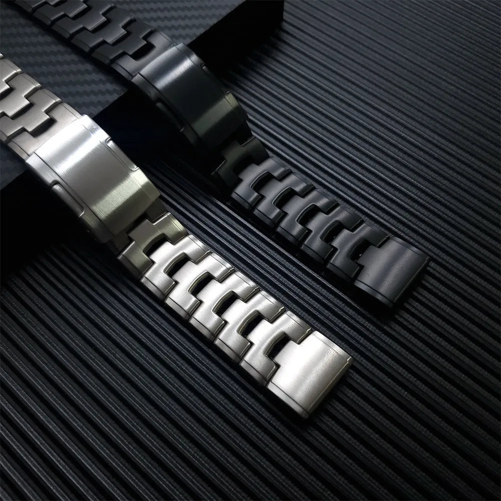 Garmin Fenix metal watch strap replacement in silver, black, and titanium colours showing 22mm and 26mm width options