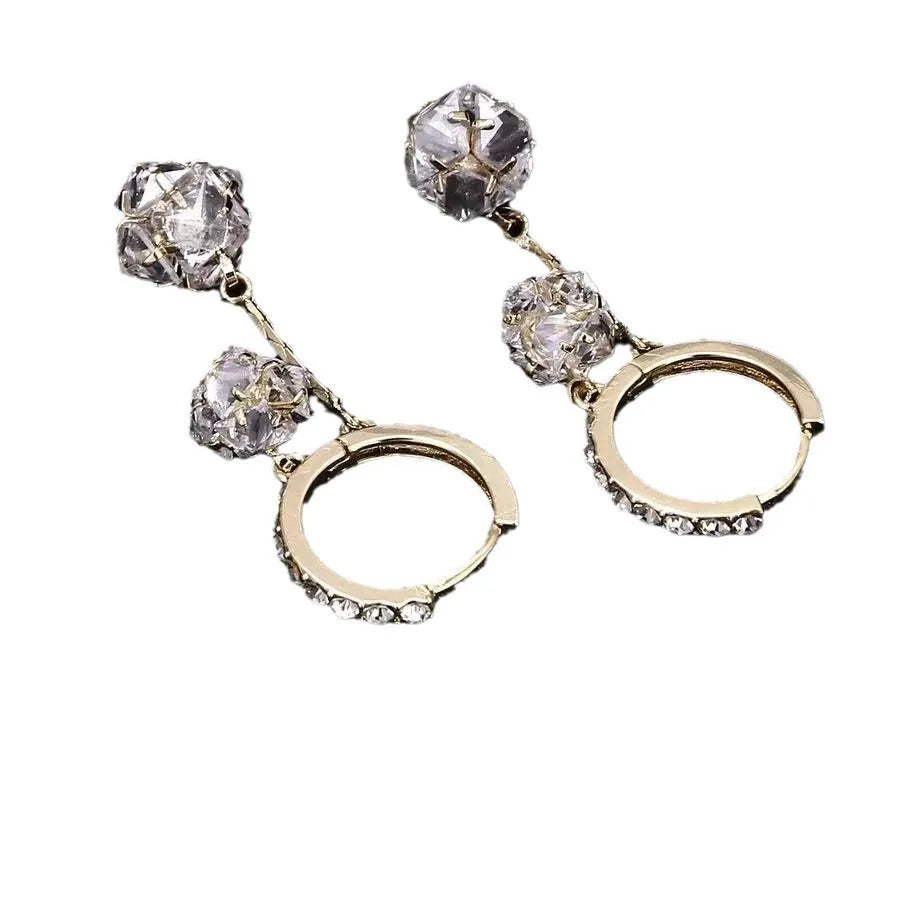 Silver drop earrings with rhinestone ball and confession balloon tassel charms on copper ear clips