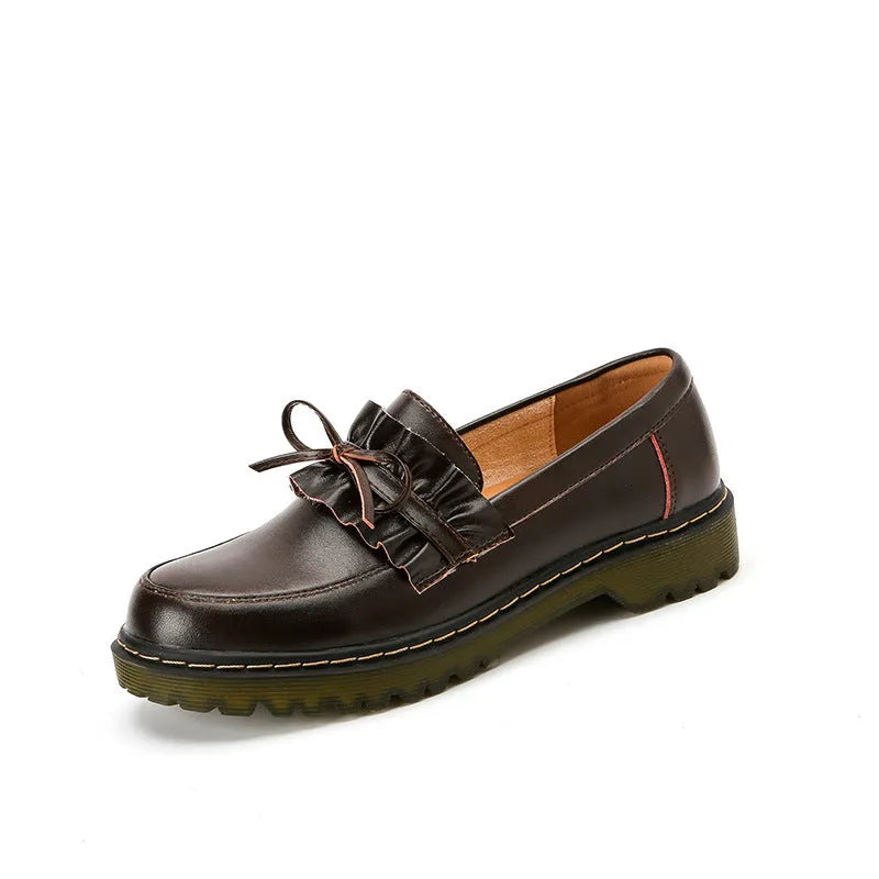 British style round head chunky low heel women's leather shoes in black and brown colours