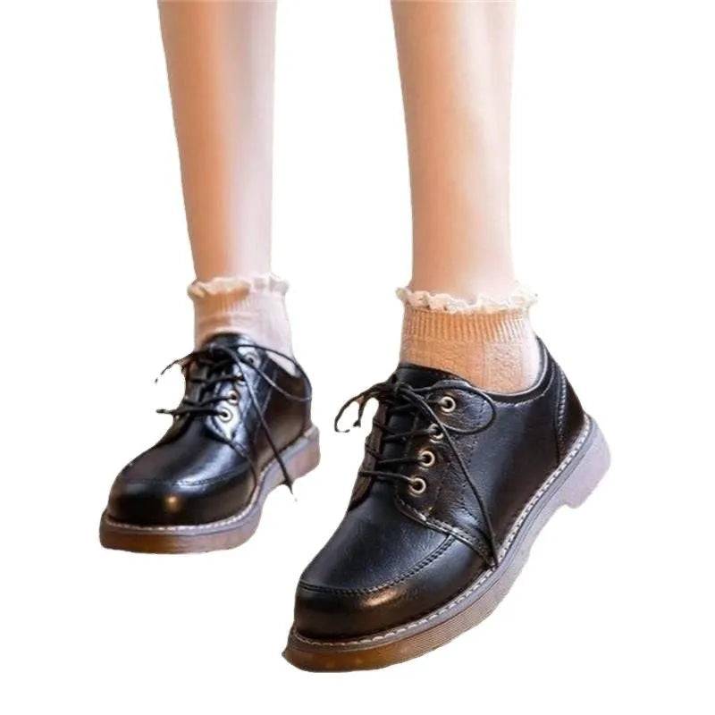 Women's black retro Mary Jane shoes with front lace-up and square rubber sole