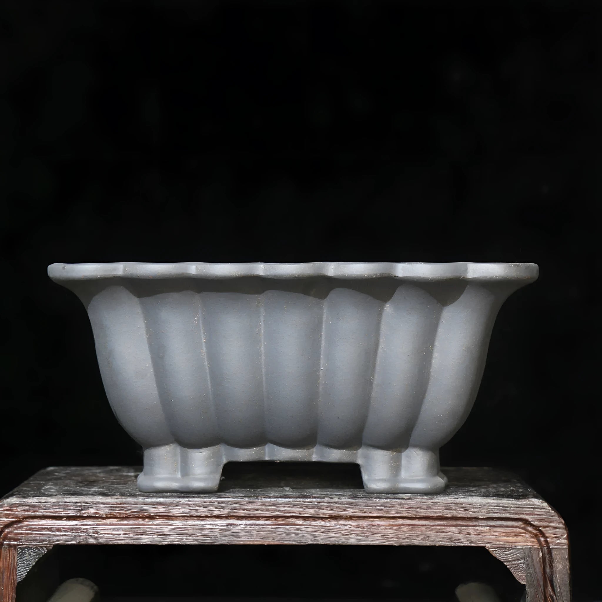 Purple sand ceramic square bonsai pot with classical style and warp device, 37cm inner diameter.