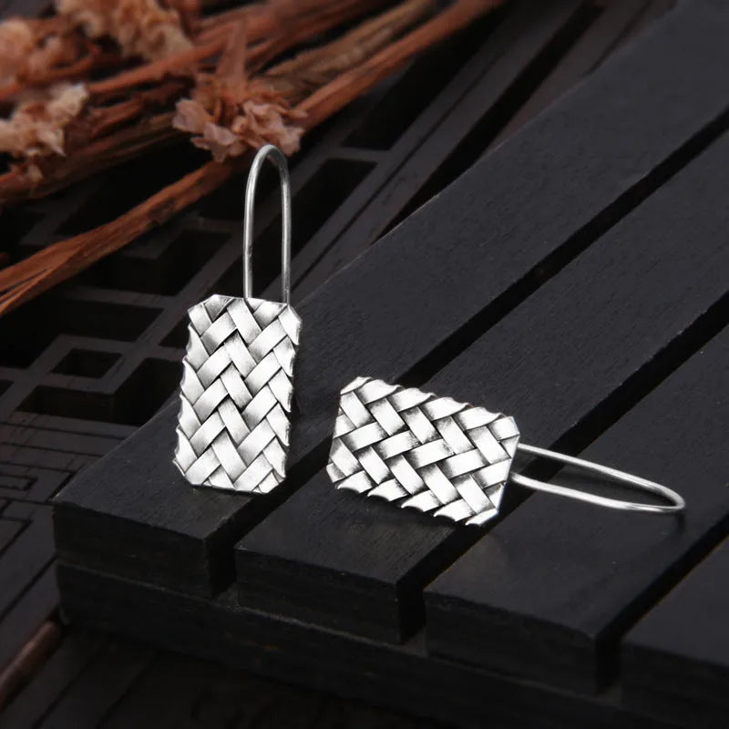 Women's silver woven diamond plaid geometric earrings 17.5mm 925 sterling silver