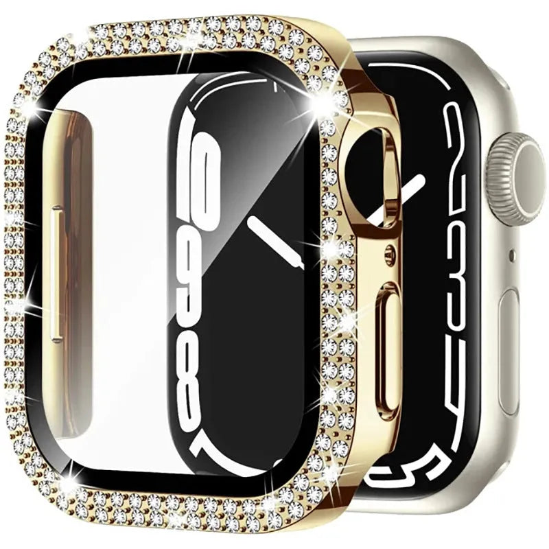 Apple Watch case with double diamond glass in rose pink, gold, silver, transparent, black, Starlight, and rose gold colours.