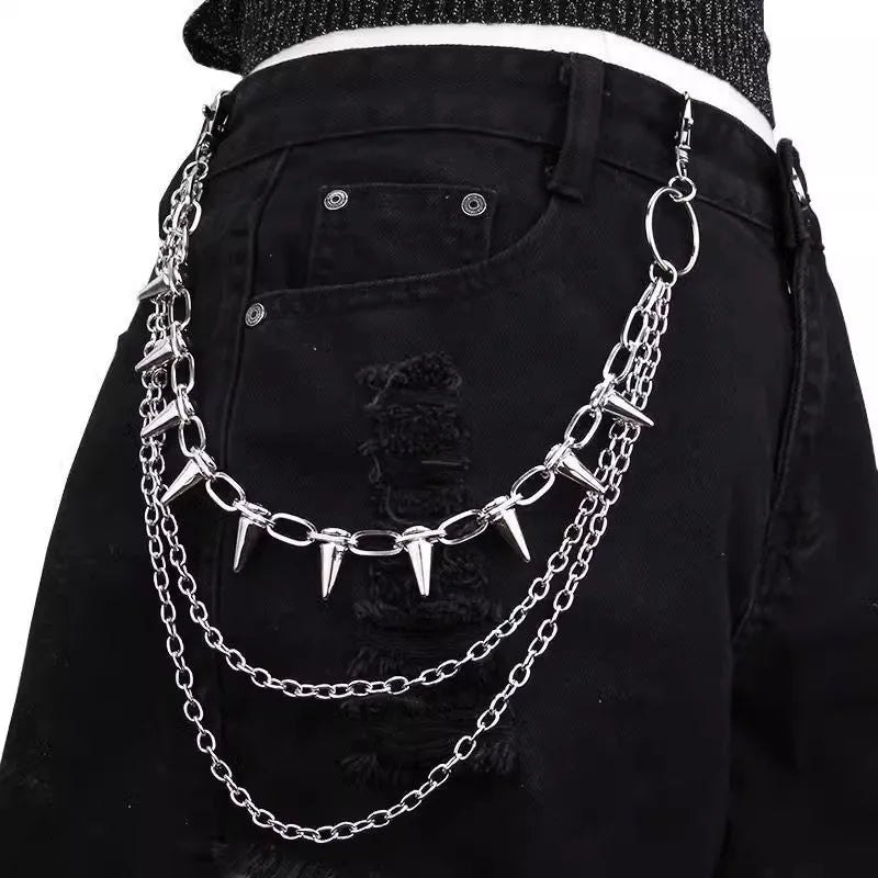 Silver metal pant chain with double layer design and rivet decoration for women's dark punk fashion