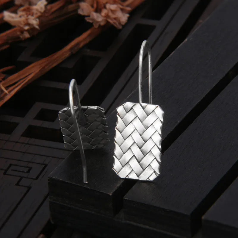Women's silver woven diamond plaid geometric earrings 17.5mm 925 sterling silver