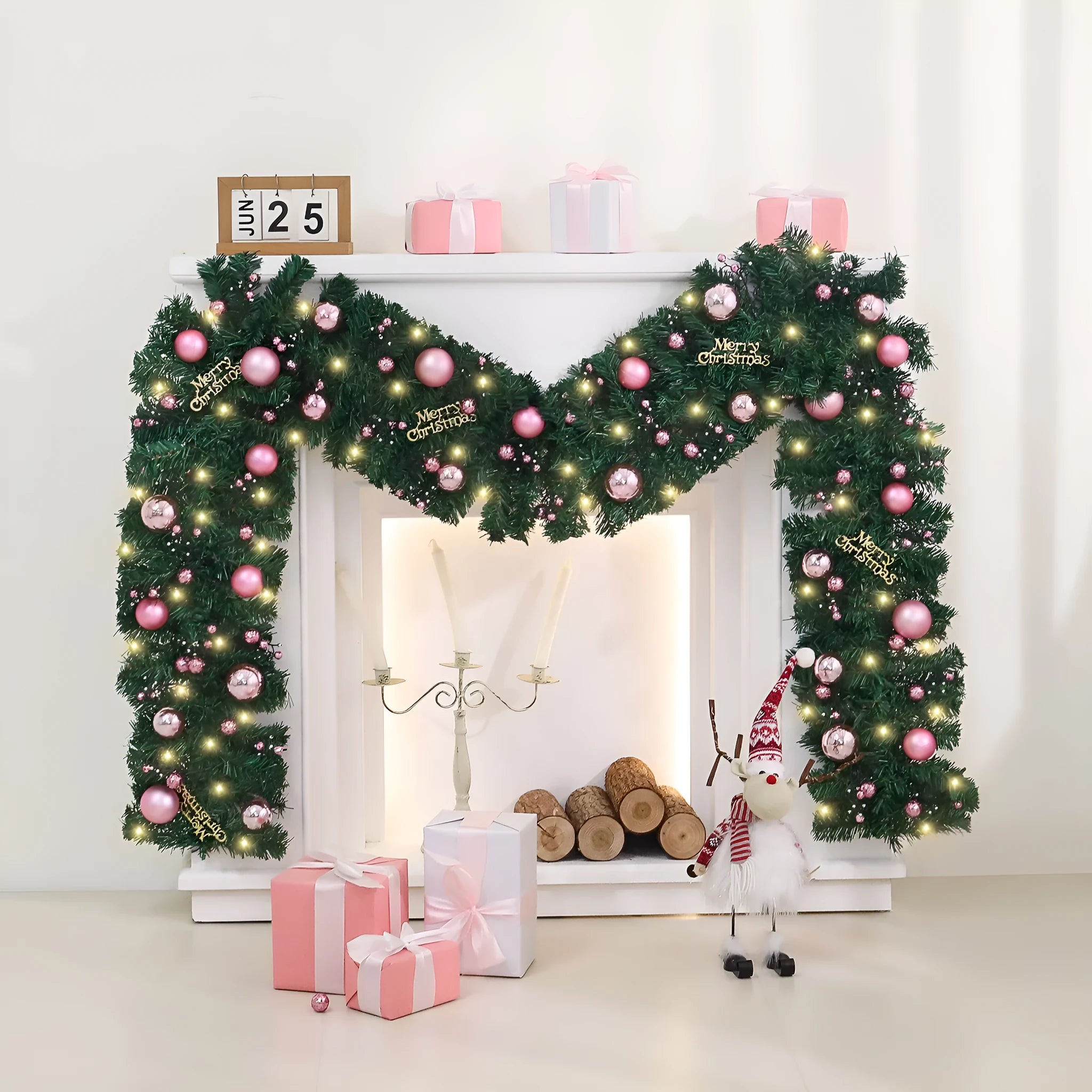 2.7-metre pink small fruit Christmas rattan garland with optional LED lighting for indoor decoration