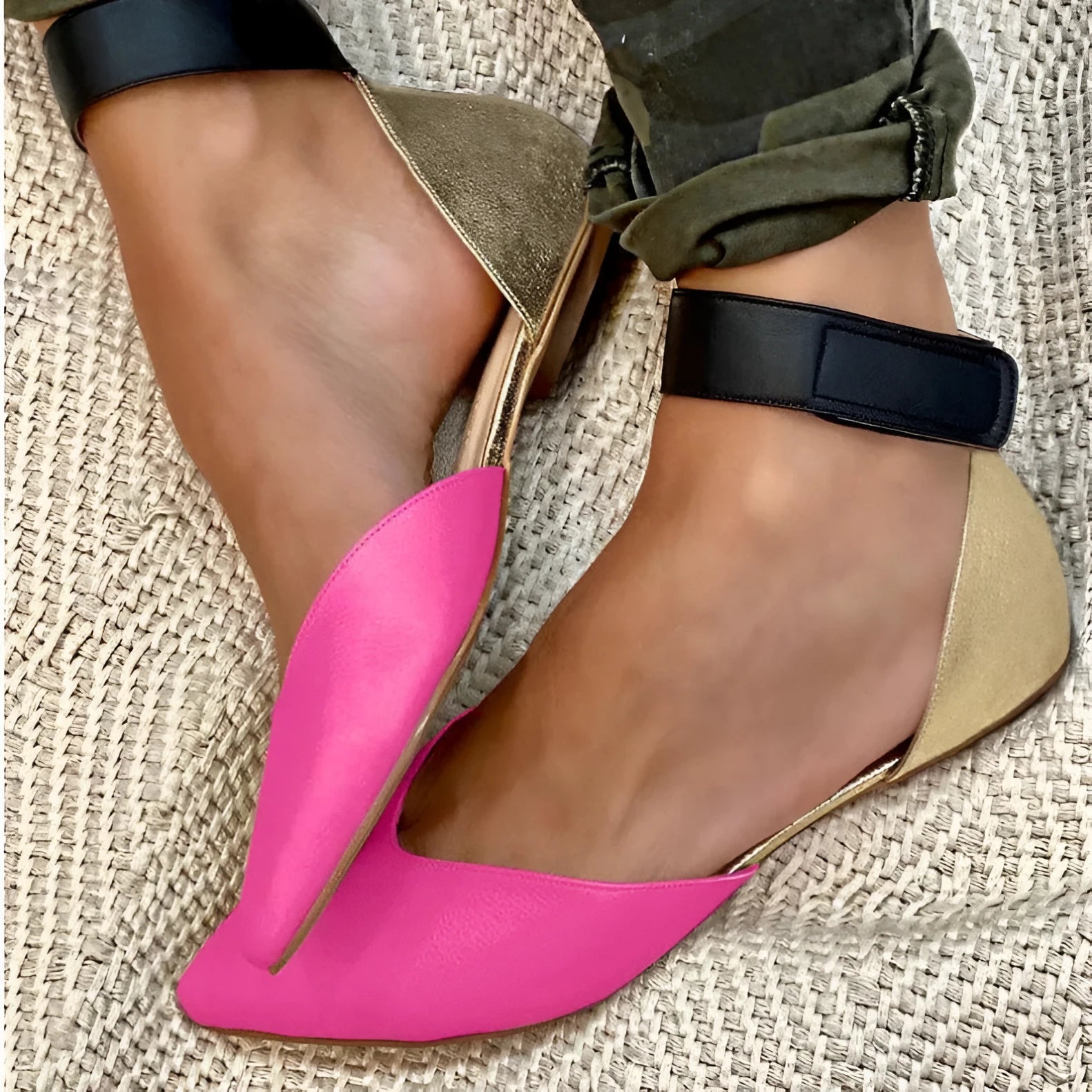 Women's beige hollowed sandals with adjustable velcro straps, shown from the side.
