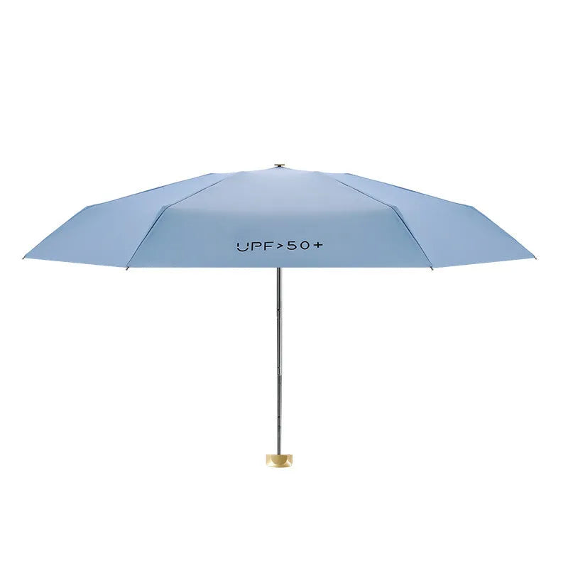 Compact folding sun umbrella shown open with 50cm diameter and closed in pocket-sized form