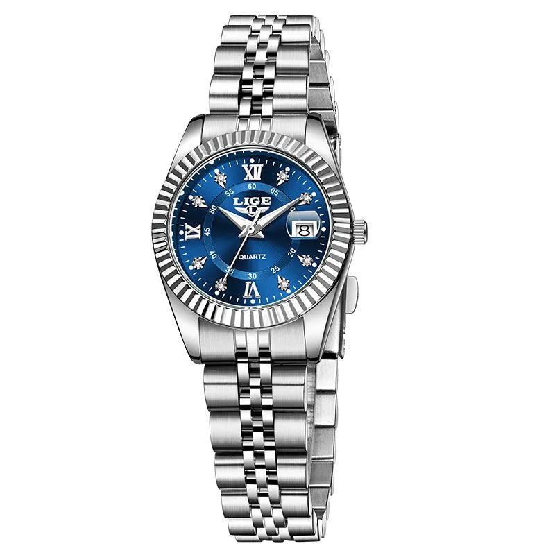 Ladies waterproof quartz fashion watch with 10mm thickness in gold and silver colour options