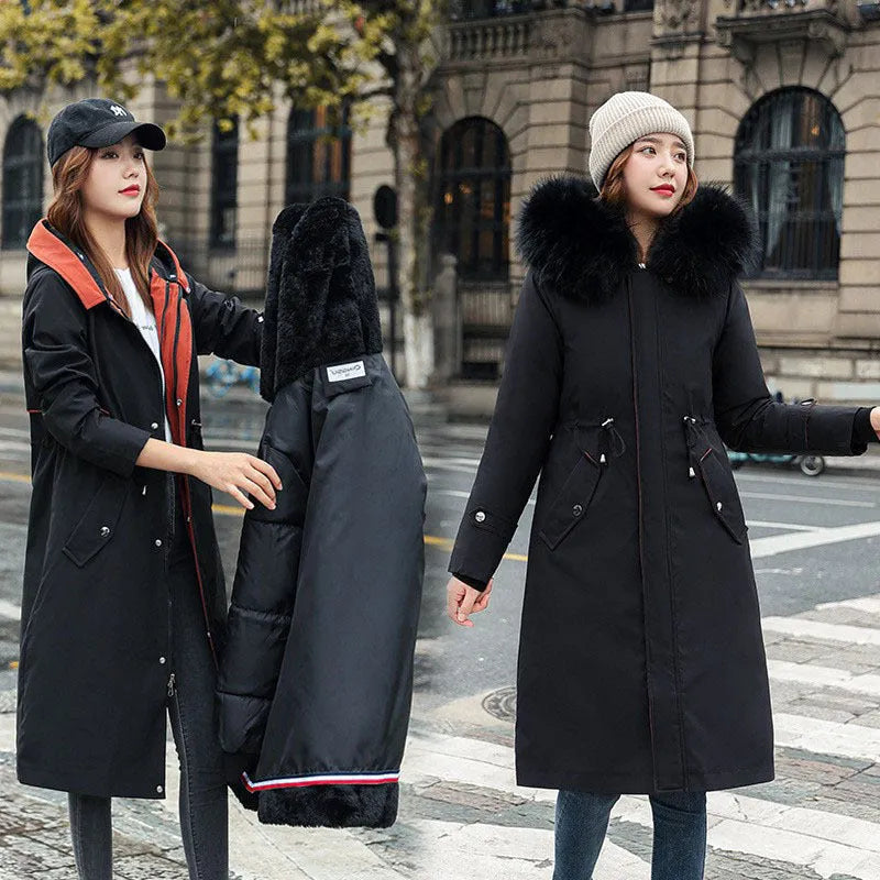 Women's long white cotton-padded fleece trench coat with down cotton filler, shown in elegant style.
