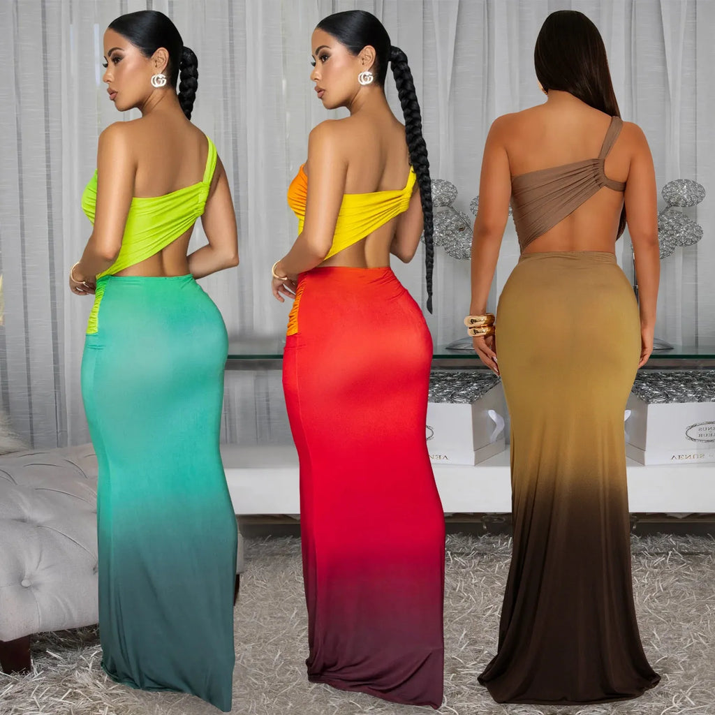 Women's gradient colour cross-shoulder dress with long skirt length in brown, green, or red shades