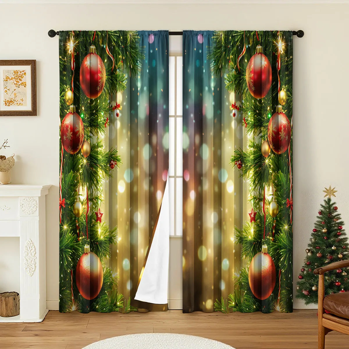 Pair of 3D digitally printed Christmas curtains in European style design on polyester fabric