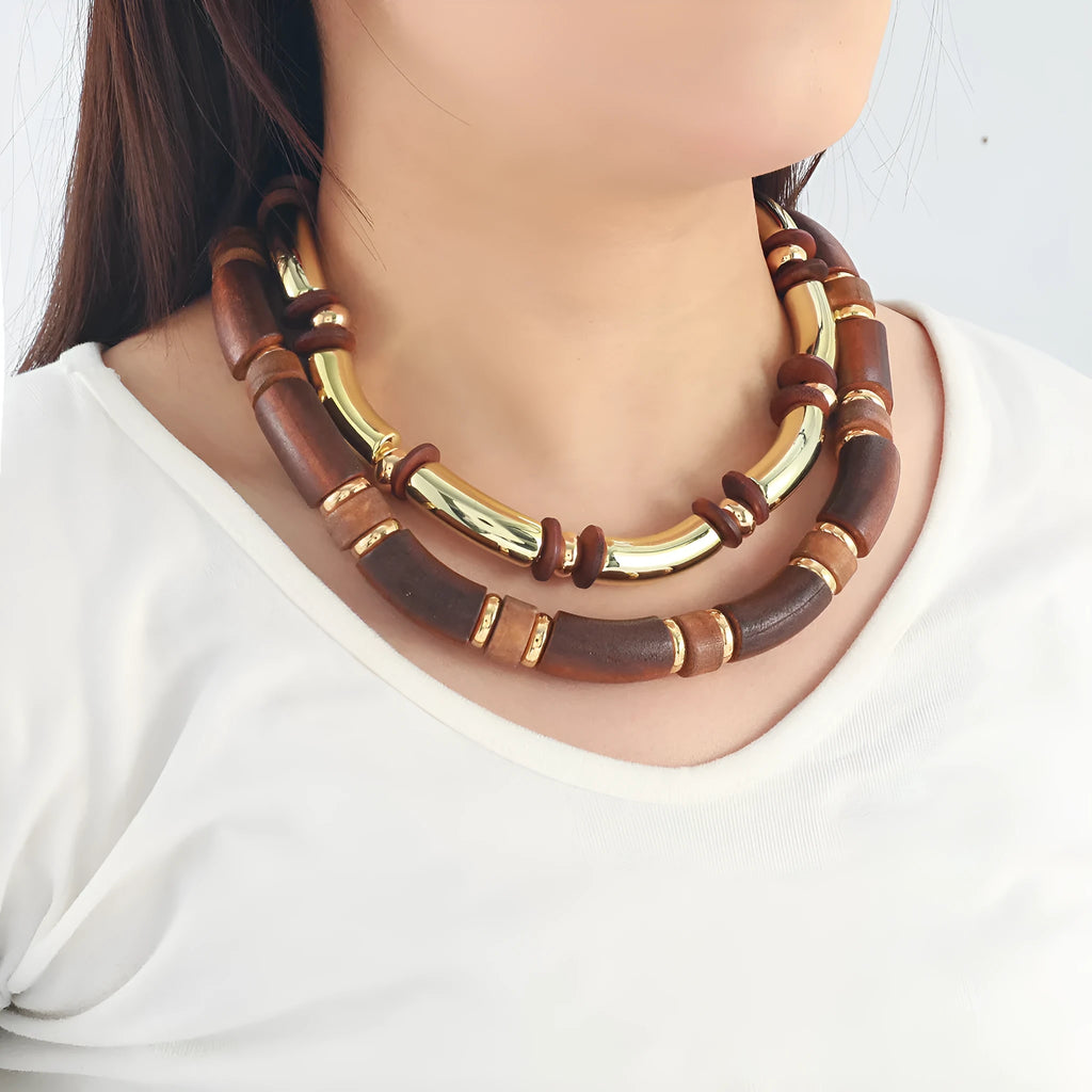 Women's multi-layer wooden and alloy necklace and bracelet jewellery set
