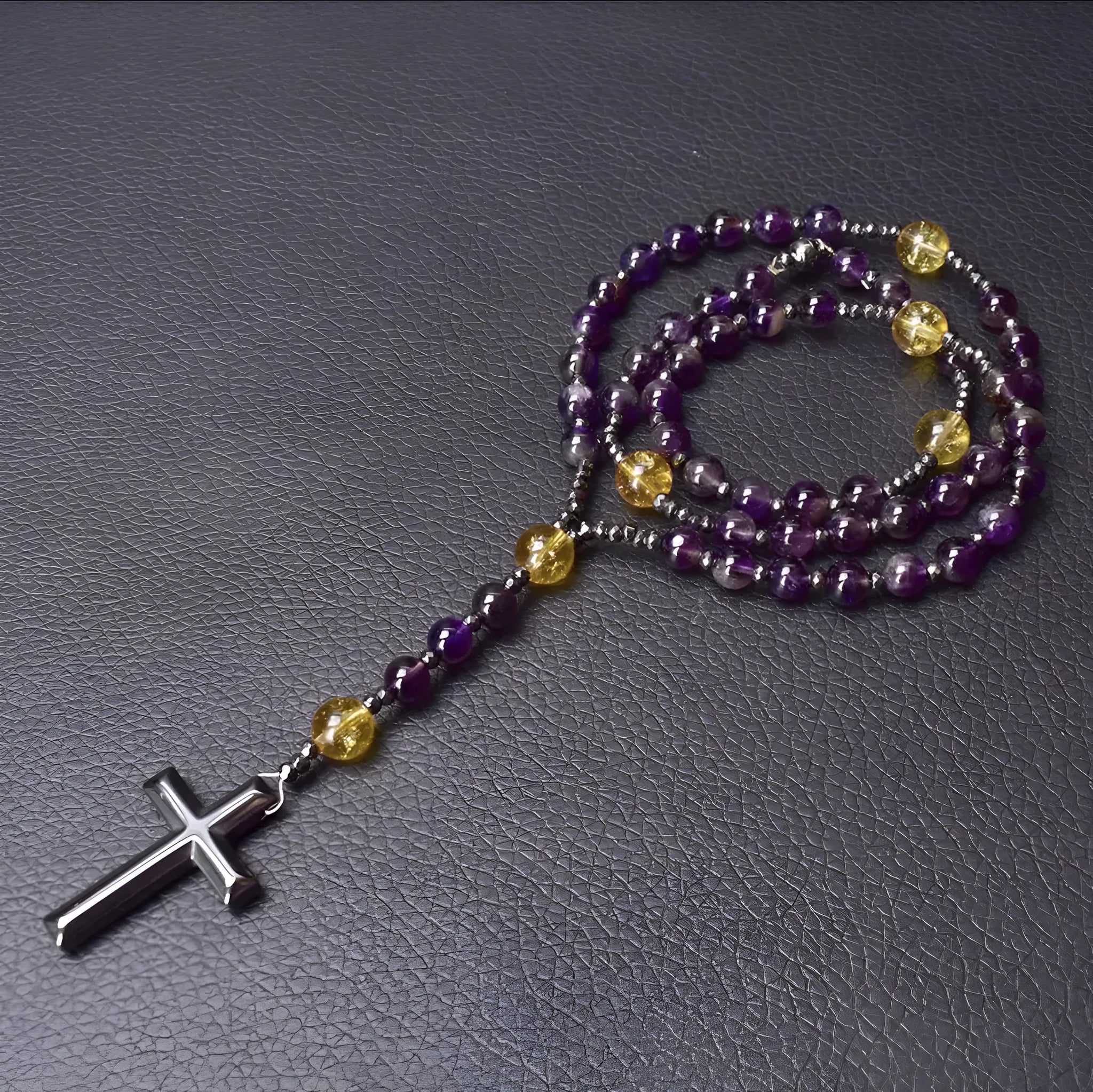 Men's stone cross pendant necklace on ball bead chain with safety lock clasp