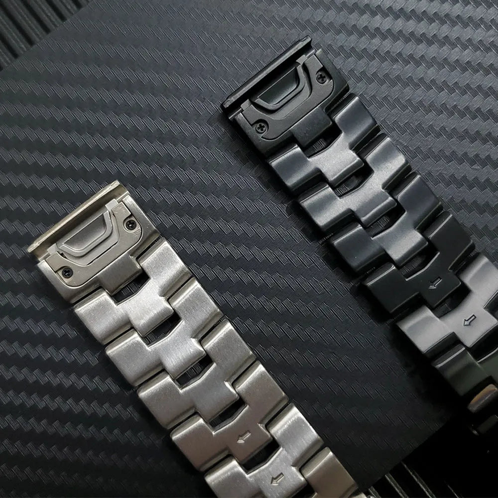 Garmin Fenix metal watch strap replacement in silver, black, and titanium colours showing 22mm and 26mm width options