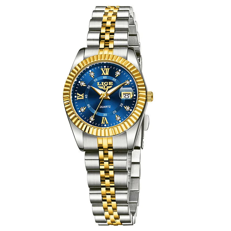 Ladies waterproof quartz fashion watch with 10mm thickness in gold and silver colour options