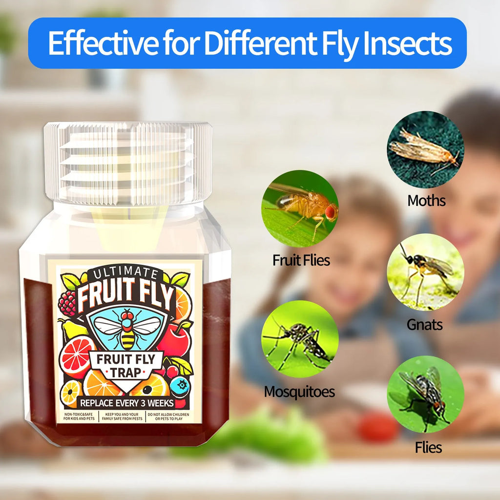 Bottle of fruit fly bait liquid with specification options for indoor pest control