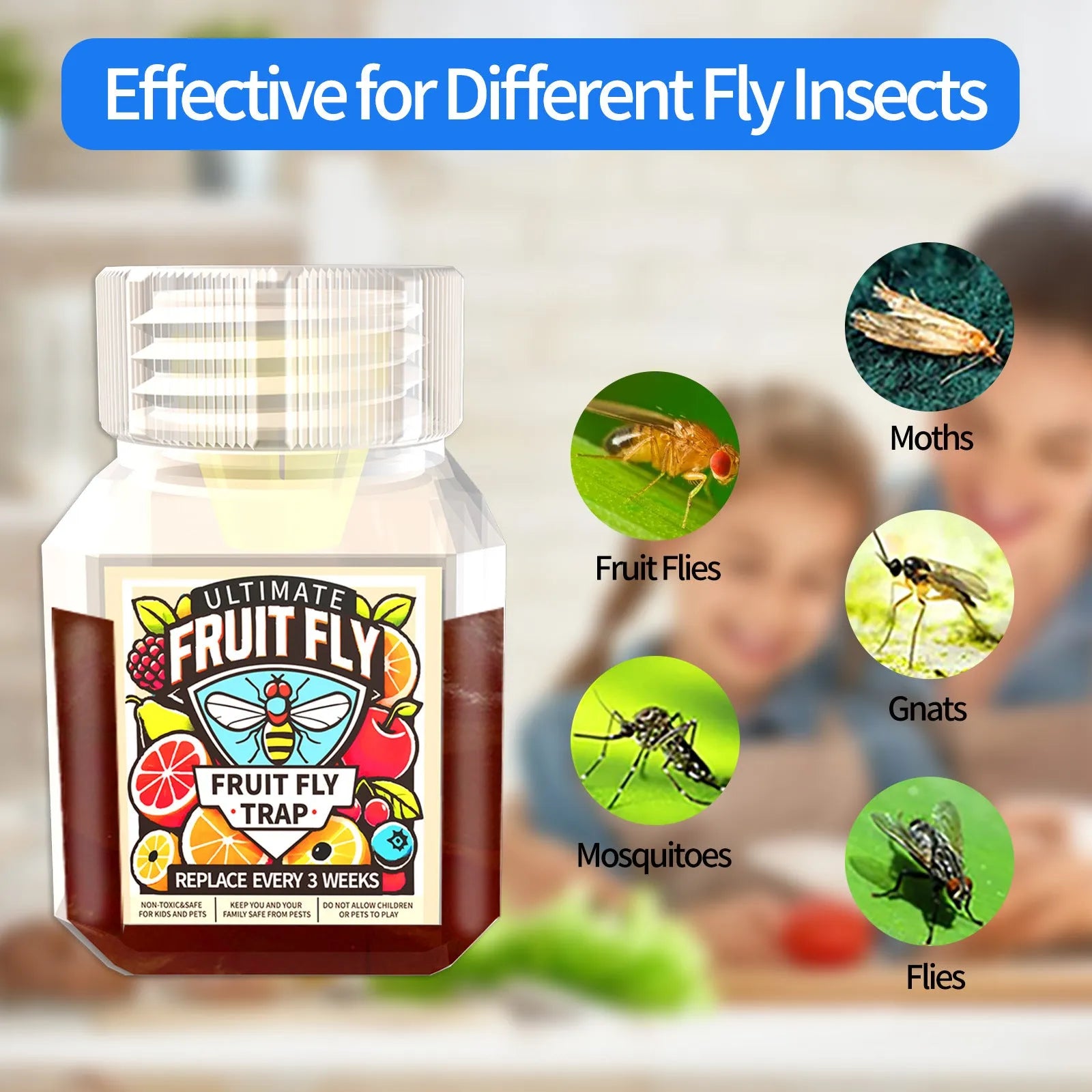 Bottle of fruit fly bait liquid with specification options for indoor pest control