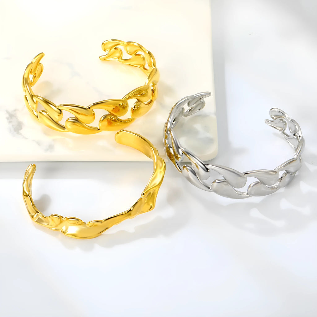 Stainless steel alloy bracelet in gold, rose gold, and silver tone colour options.