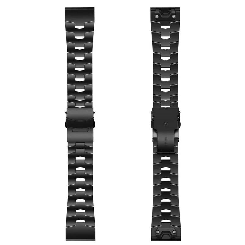 Garmin Fenix metal watch strap replacement in silver, black, and titanium colours showing 22mm and 26mm width options