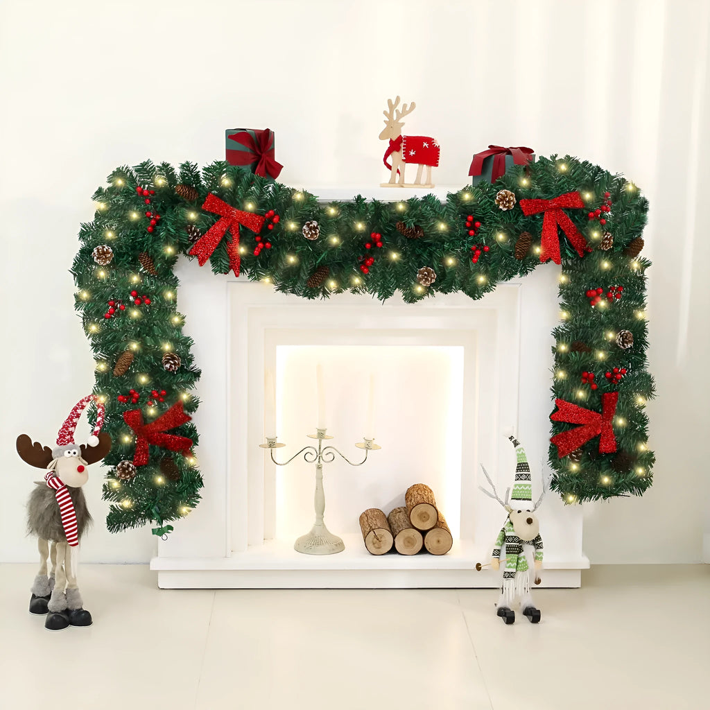 Christmas decorative rattan cane with pine cones and a red bow, available with or without integrated LED lights