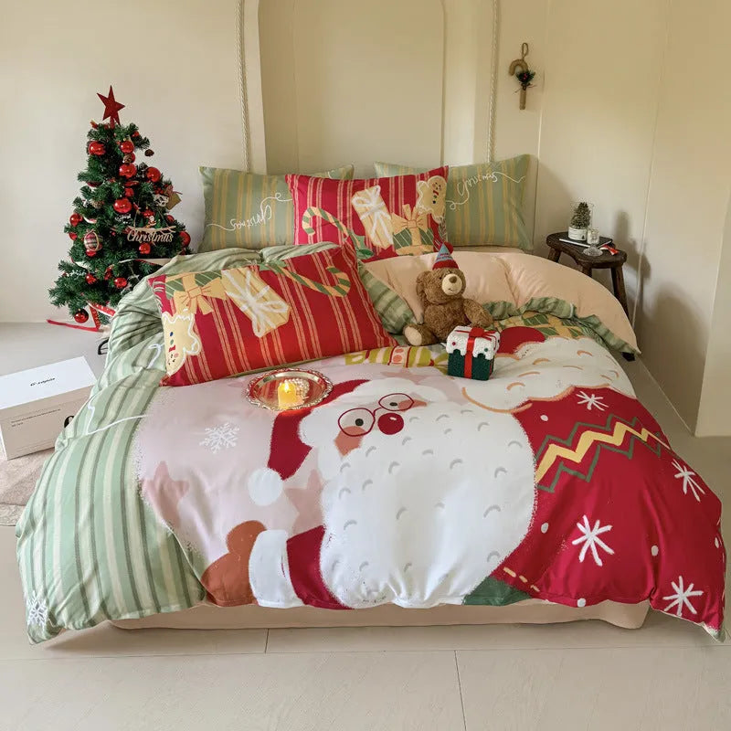Cartoon printed super soft washed cotton chemical fibre four-piece bedding set on a bed.