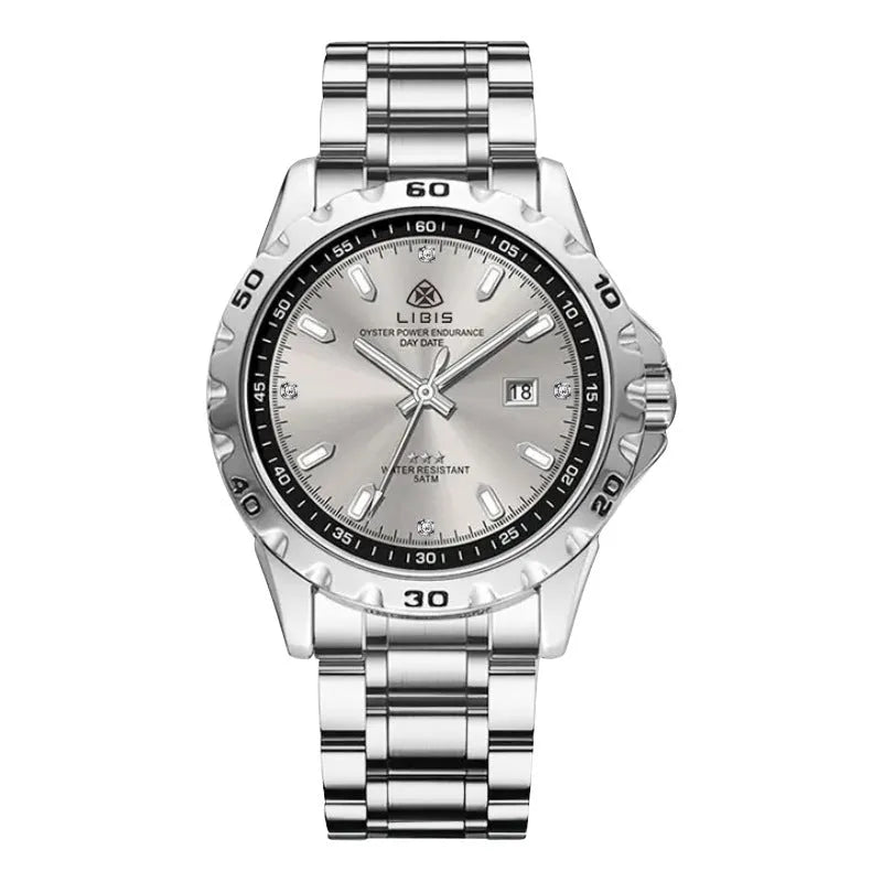 Men's silver case business watch with stainless steel strap and luminous markers on black or grey dial