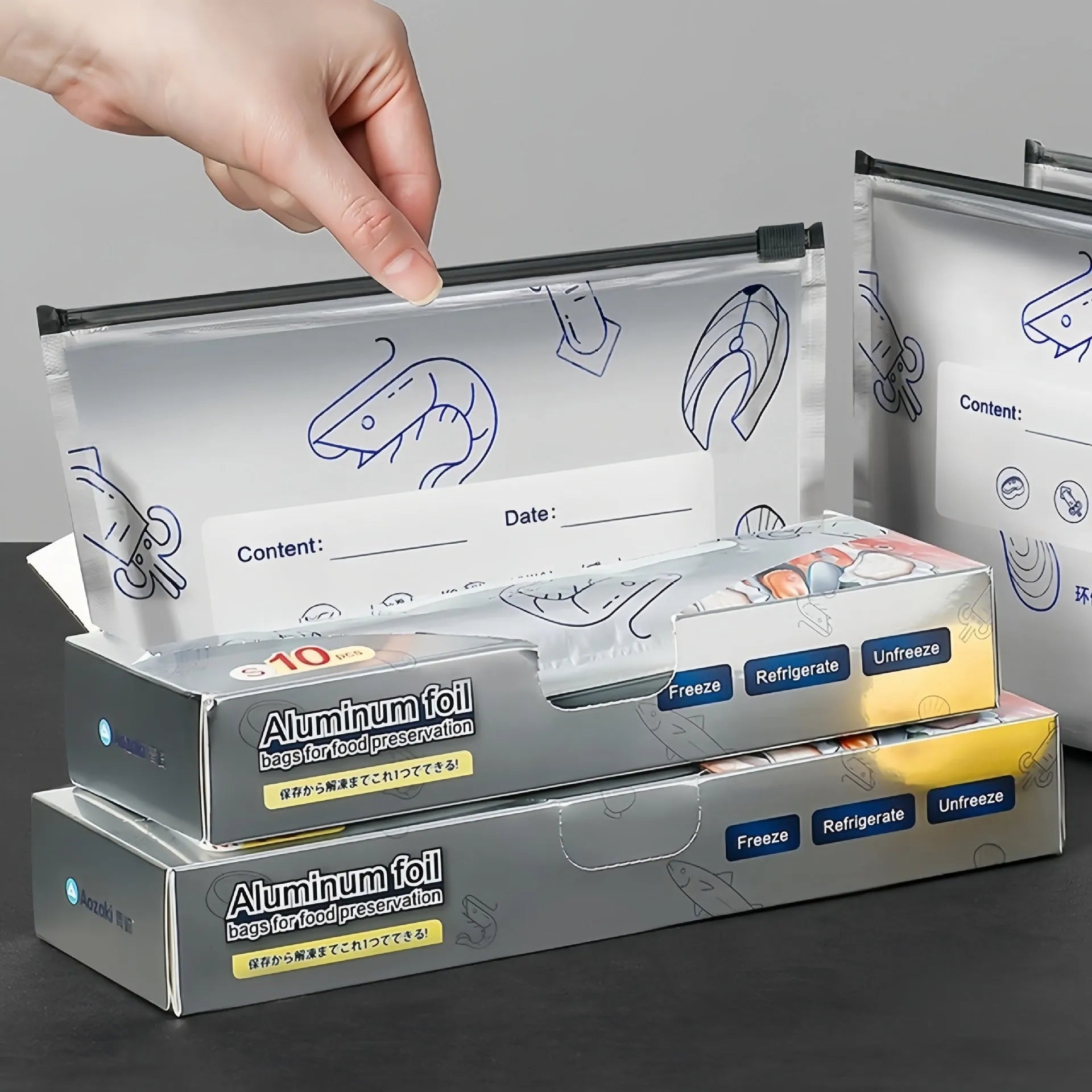 Aluminium foil sealed storage bags in three sizes for food preservation