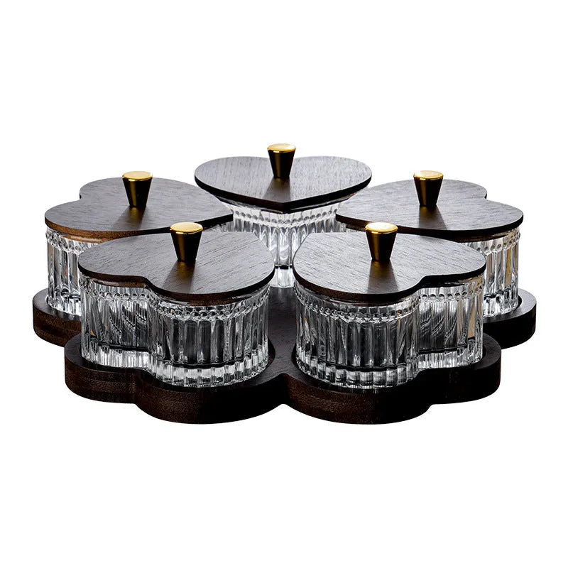 Glass snack platter with heart-shaped lids and multiple grid compartments in retro style