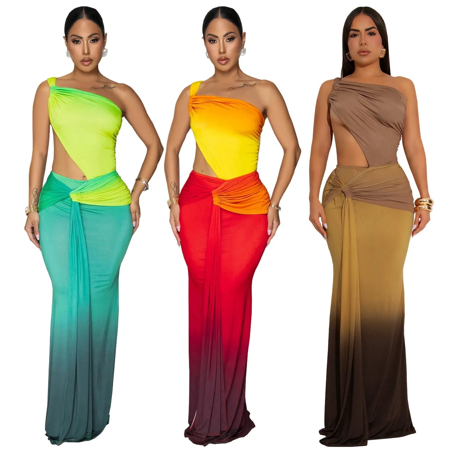 Women's gradient colour cross-shoulder dress with long skirt length in brown, green, or red shades