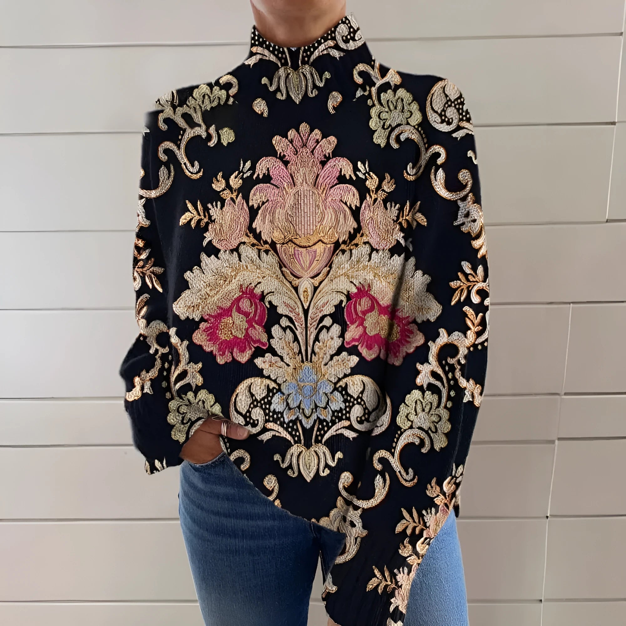 Black 3D pattern printed turtleneck sweater with loose Japanese Korean casual style
