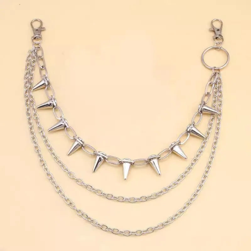 Silver metal pant chain with double layer design and rivet decoration for women's dark punk fashion