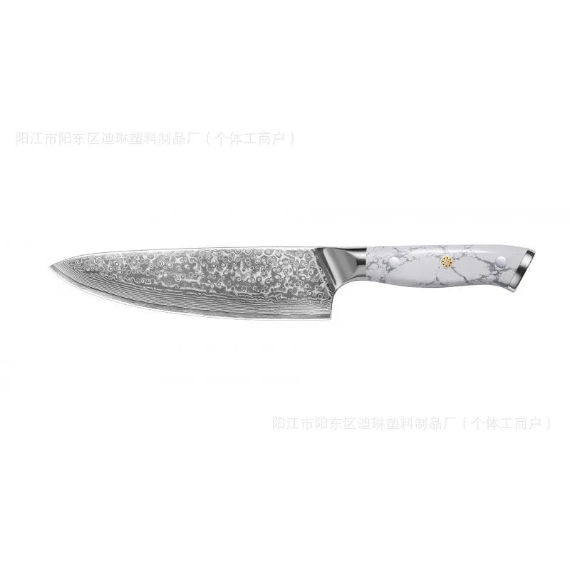 Damascus style combined chef's knife with VG10 steel blade, 21cm blade length on a wooden surface.