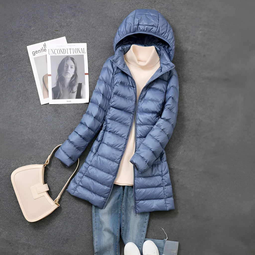 Women's mid-length lightweight down jacket in black, slim fit nylon design