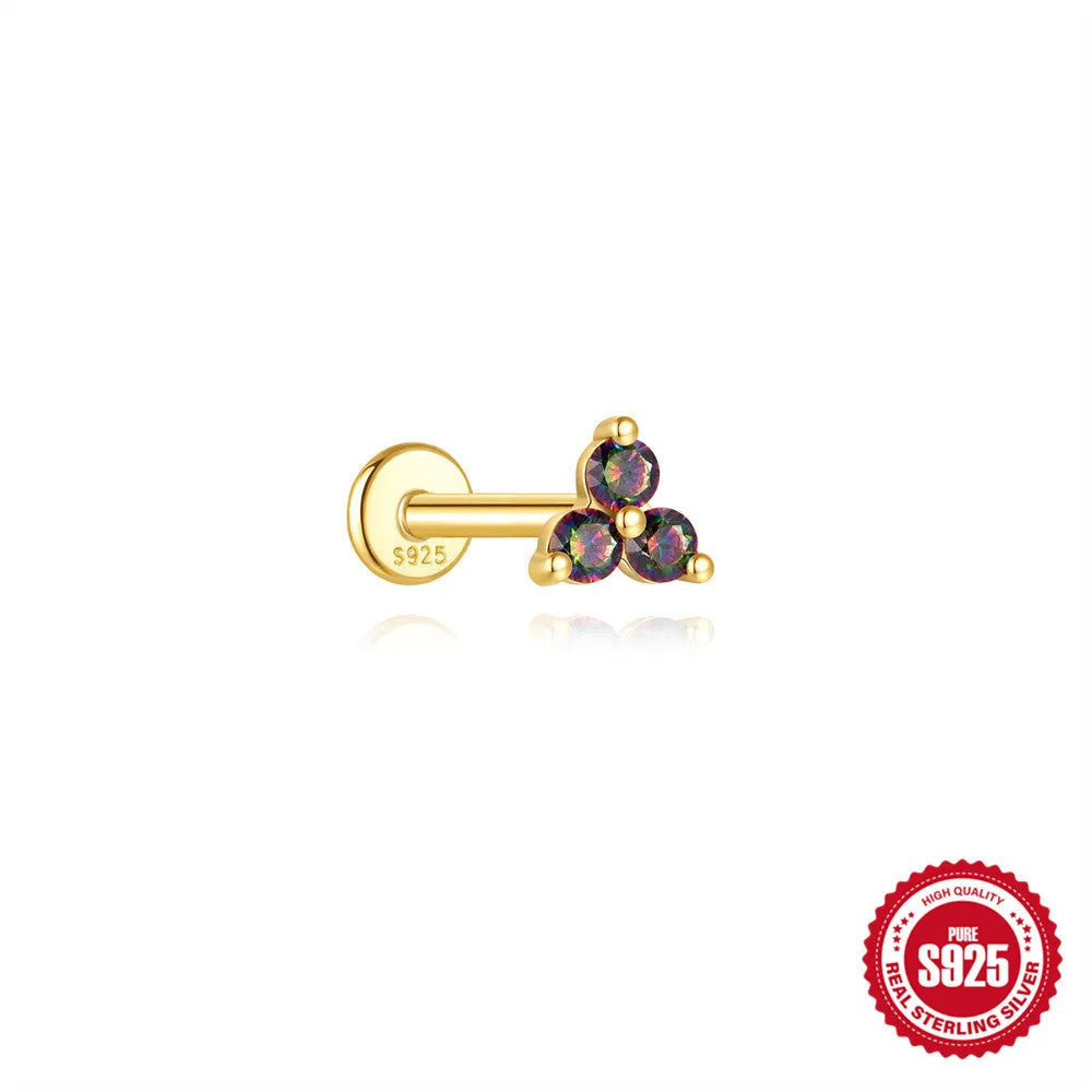 S925 sterling silver piercing earrings with rainbow stone flat head thread in gold colours