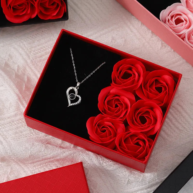Korean style soap flower gift box set with six roses, presentation handbag, in red, pink, or black.