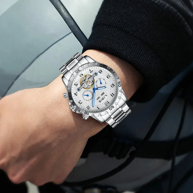 Men's silver steel belt automatic perpetual calendar mechanical watch with business style
