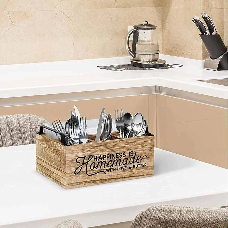 Wooden kitchen storage box with internal grid compartments for organising tableware