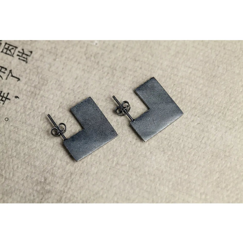 925 sterling silver geometric square earrings ring with oxidation black finish