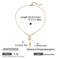 Close up of an 18K gold finish stainless steel necklace with white diamond eight-pointed stars pendant on a regular chain