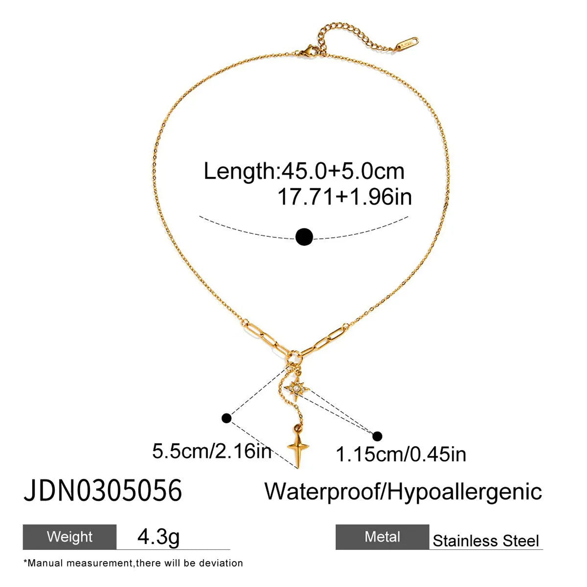 Close up of an 18K gold finish stainless steel necklace with white diamond eight-pointed stars pendant on a regular chain