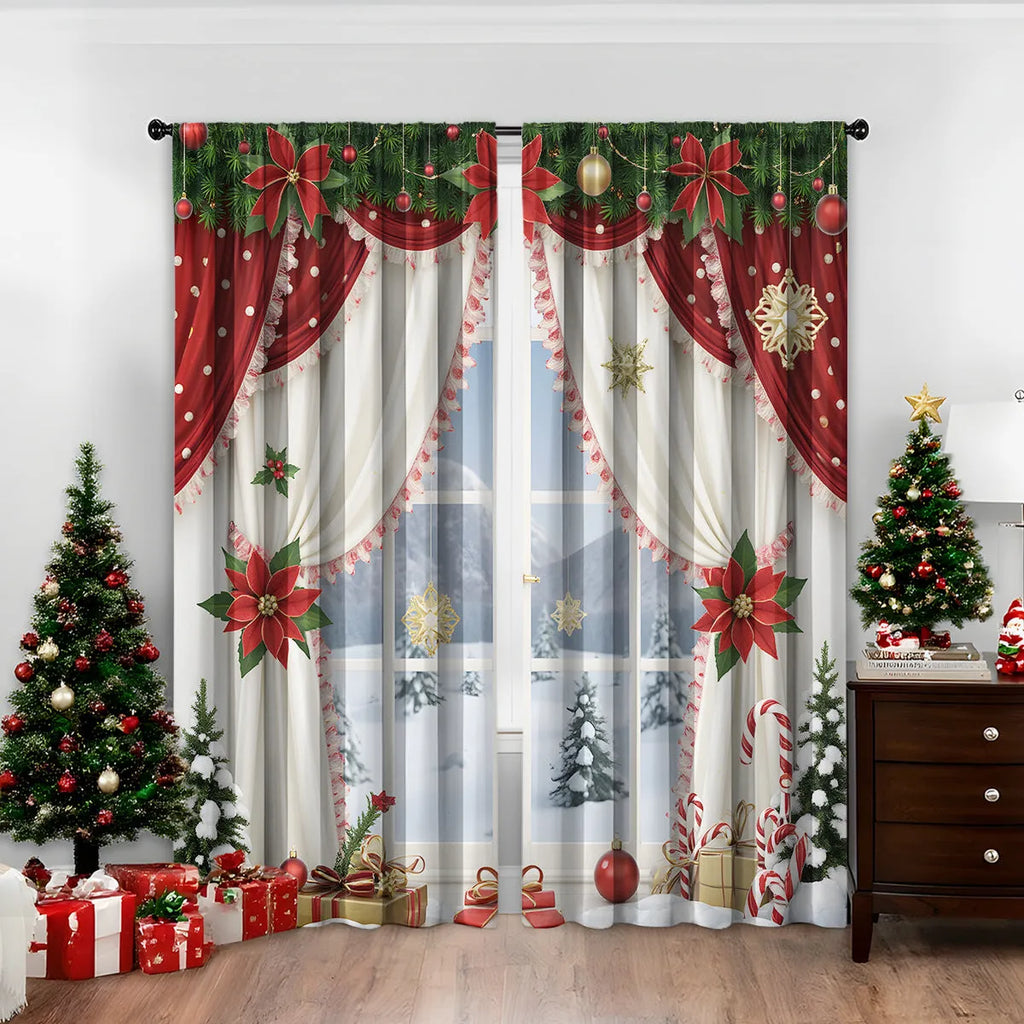 Pair of 3D digitally printed Christmas curtains in European style design on polyester fabric