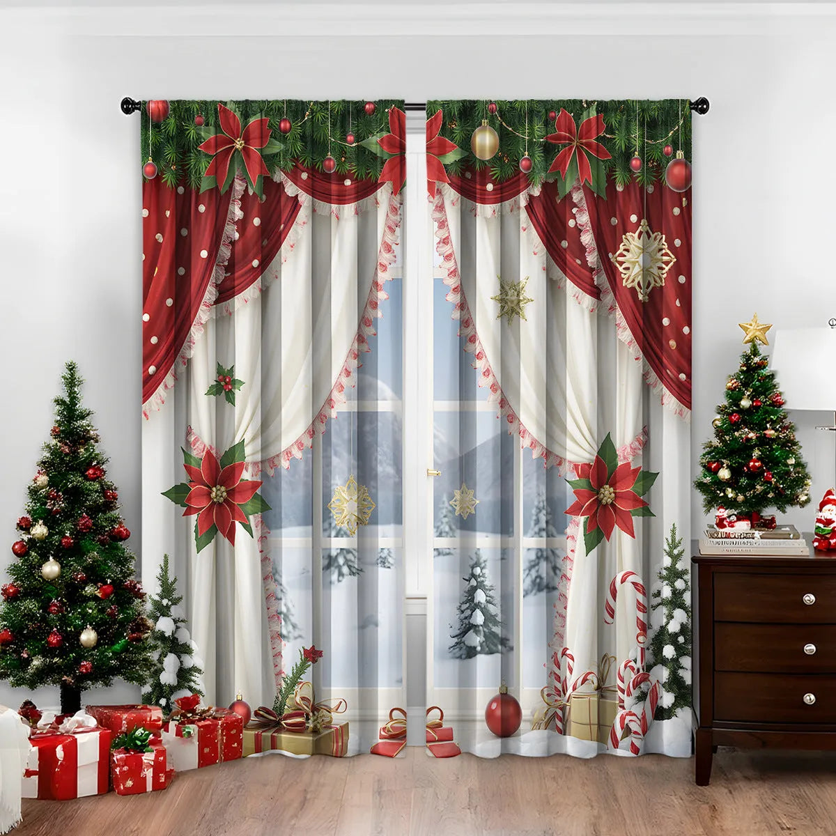 Pair of 3D digitally printed Christmas curtains in European style design on polyester fabric