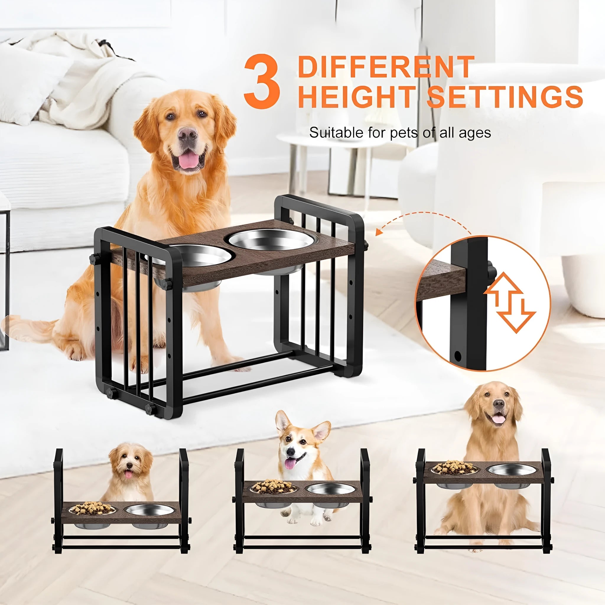 Black wooden dog bowl stand measuring 37cm by 23cm with non-slip elevated design