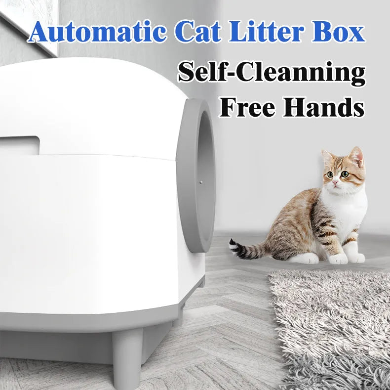 White automatic litter box for cats with enclosed design and self-cleaning system